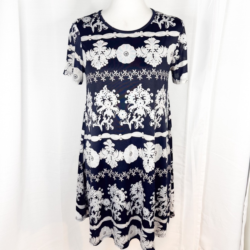 Show Me Your Mumu EM Mini Dress Small Navy White Floral Medallion Shift